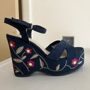 Blue Suede Floral Embroidered Wedge Platform Sandals